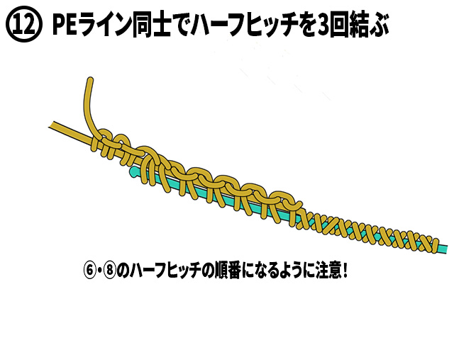 ⑫PEライン同士でハーフヒッチを3回結ぶ